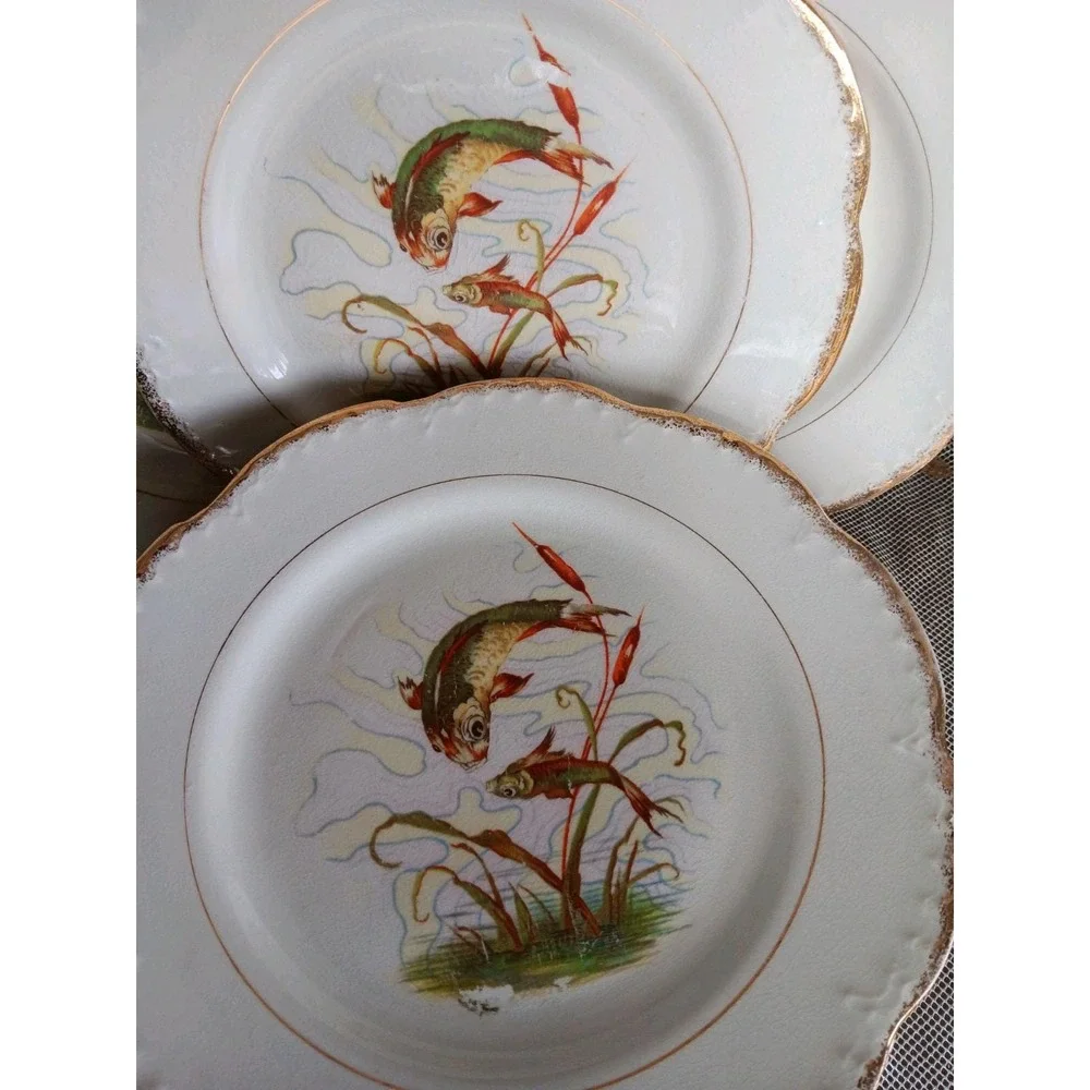 LEBEAU Porcelain Fish Plates French Antique Underwater Asian Style Scene. Set 7